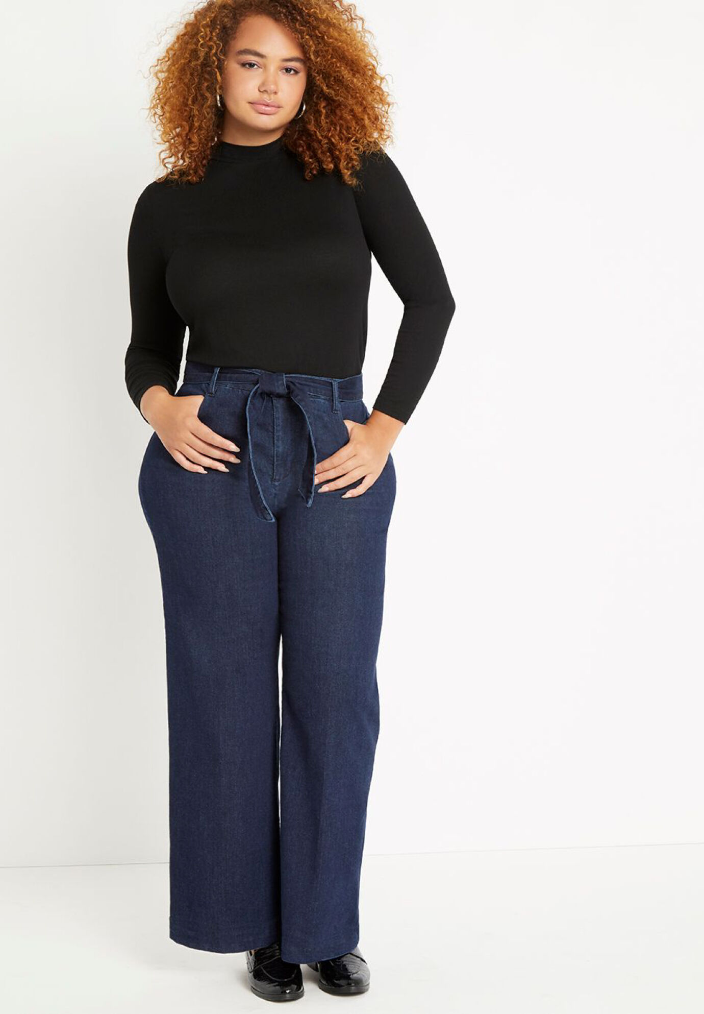 Classic Fit Belted High Rise Wide Leg Jean