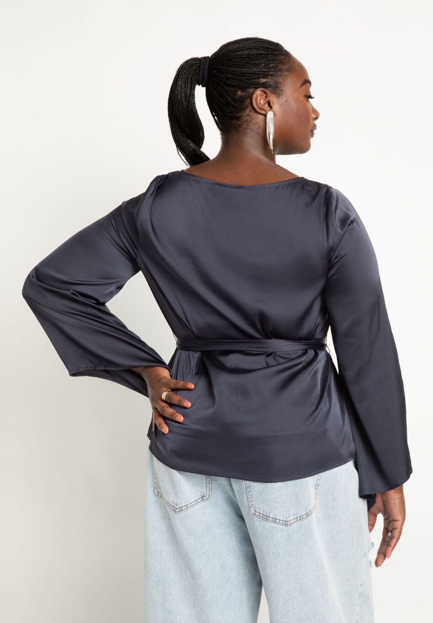 Flare Sleeve Boat Neck Satin Blouse | Eloquii