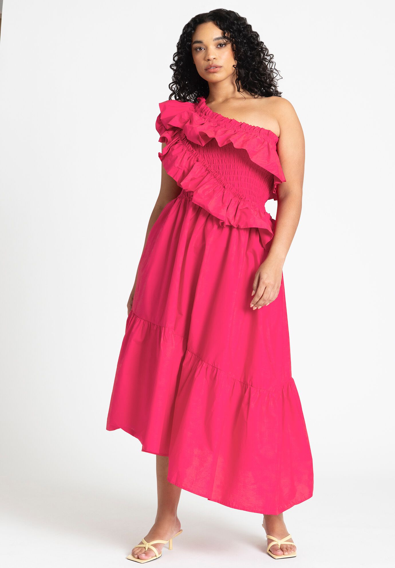 Plus Size Smocked Asymmetric One Shoulder Maxi Dress With Ruffles