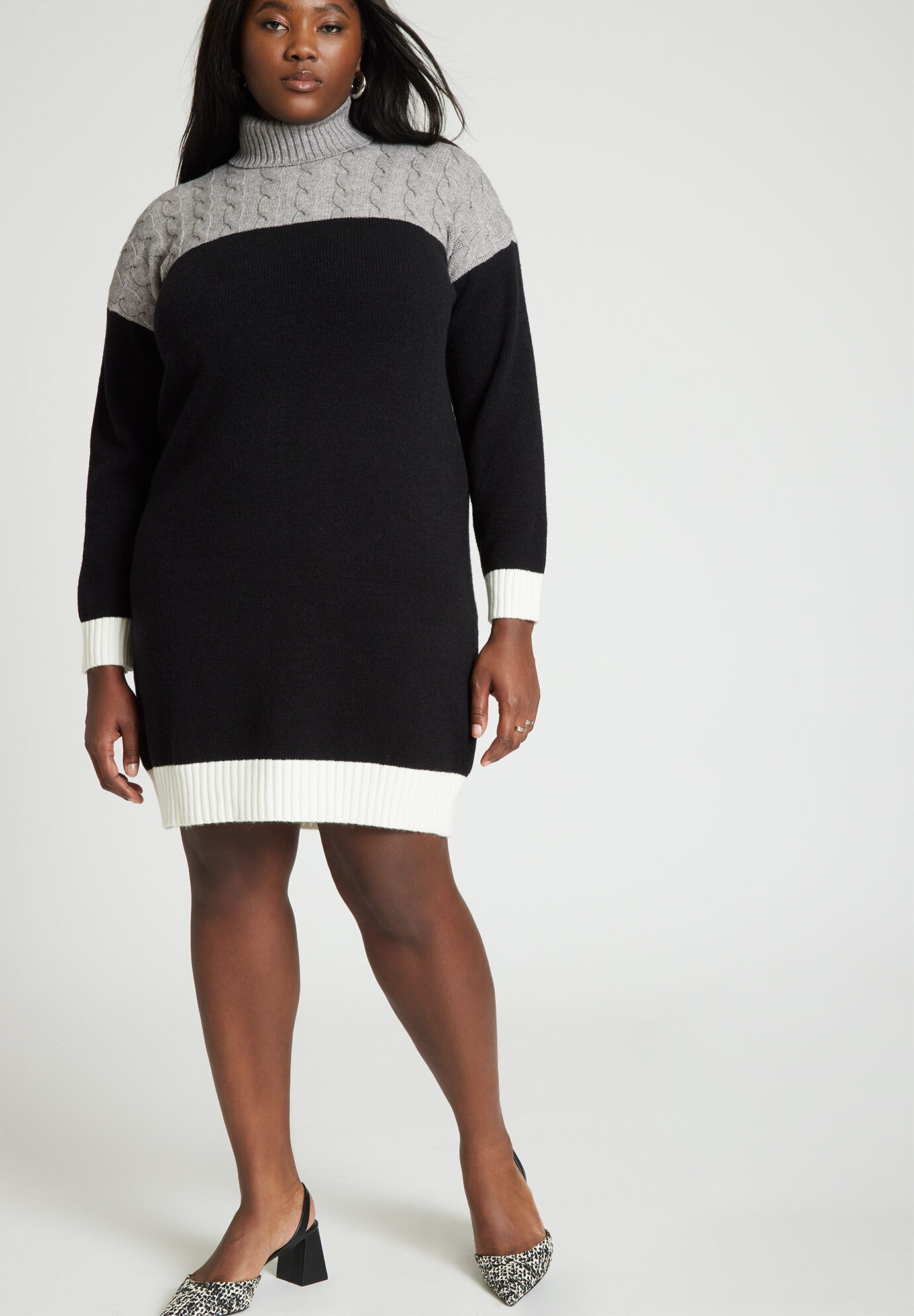 Plus Size Collared Turtleneck Colorblocking Short Dropped Shoulder Sweater Dress