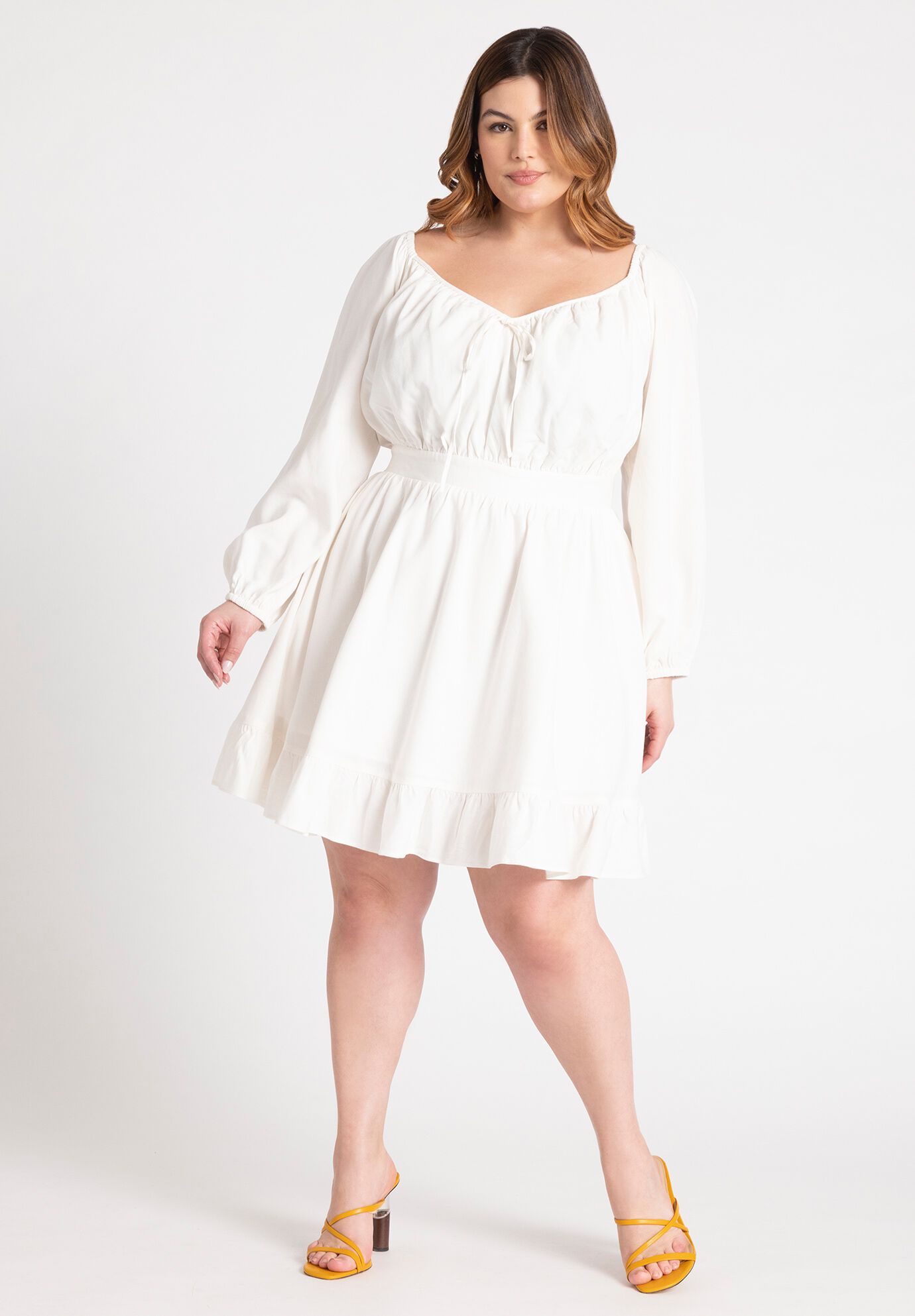 Plus Size Short Elasticized Waistline Puff Sleeves Sleeves Shirred Dress With Pearls