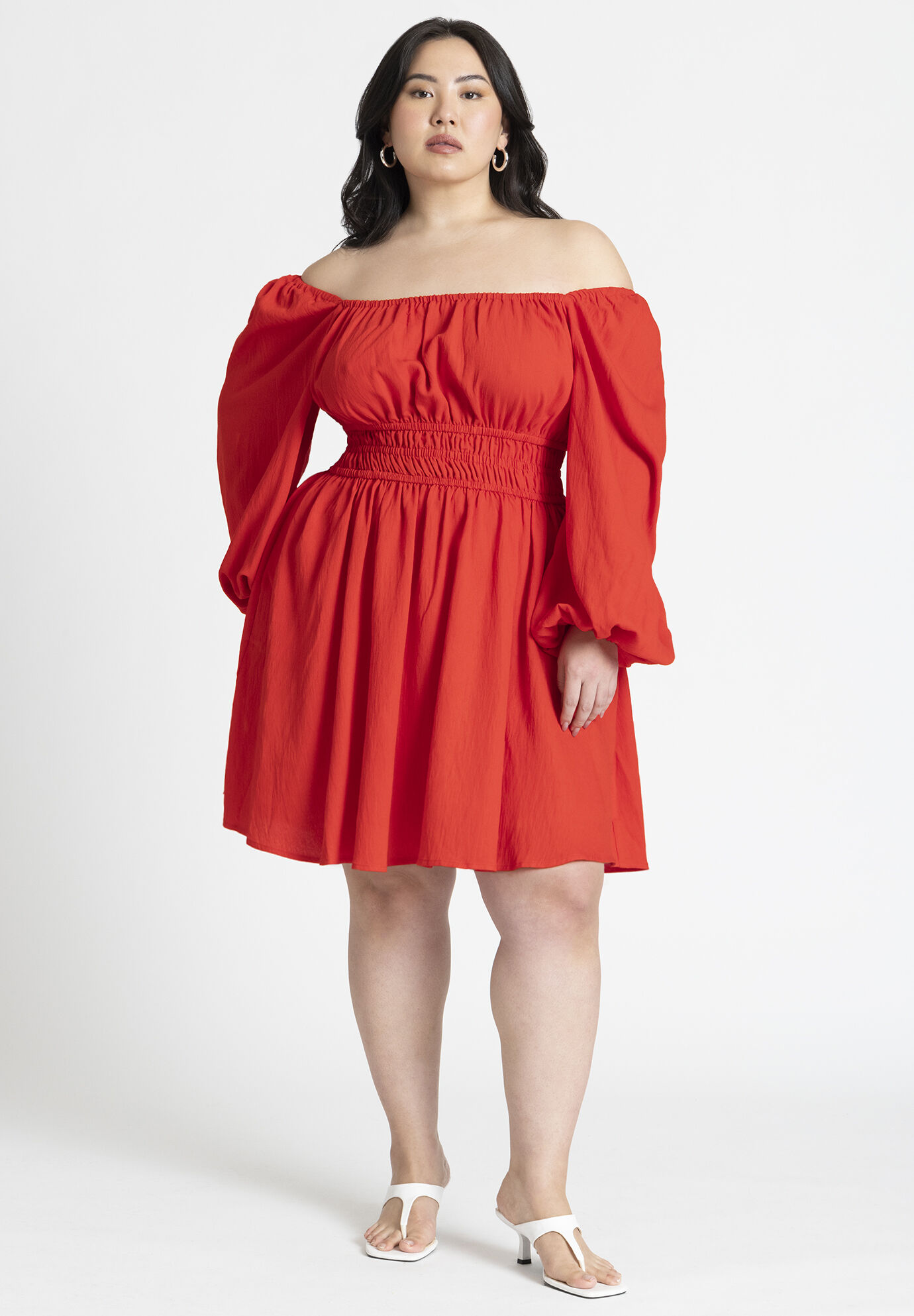 Plus Size Puff Sleeves Sleeves Fitted Flowy Fit-and-Flare Short Dress