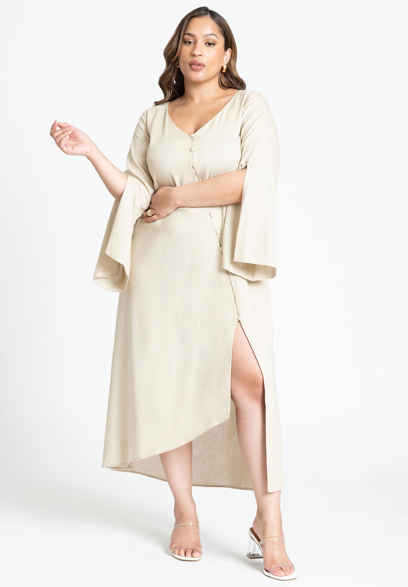 Women Asym Button Up Linen Dress By ( Size 18 )