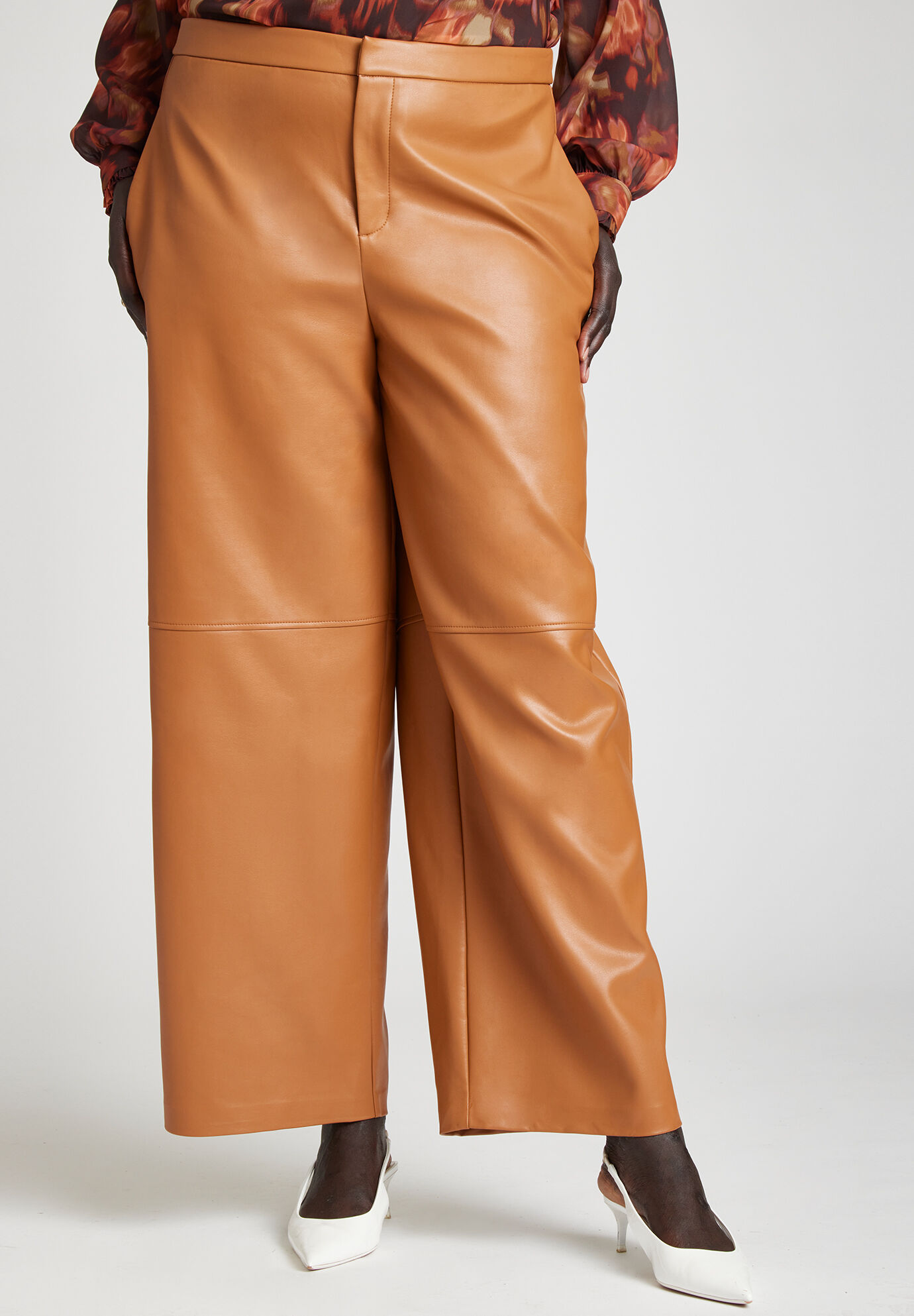 PEASKJP Women's Wide Leg Leather Pants Faux Leather Leggings Tummy Control,  A XL