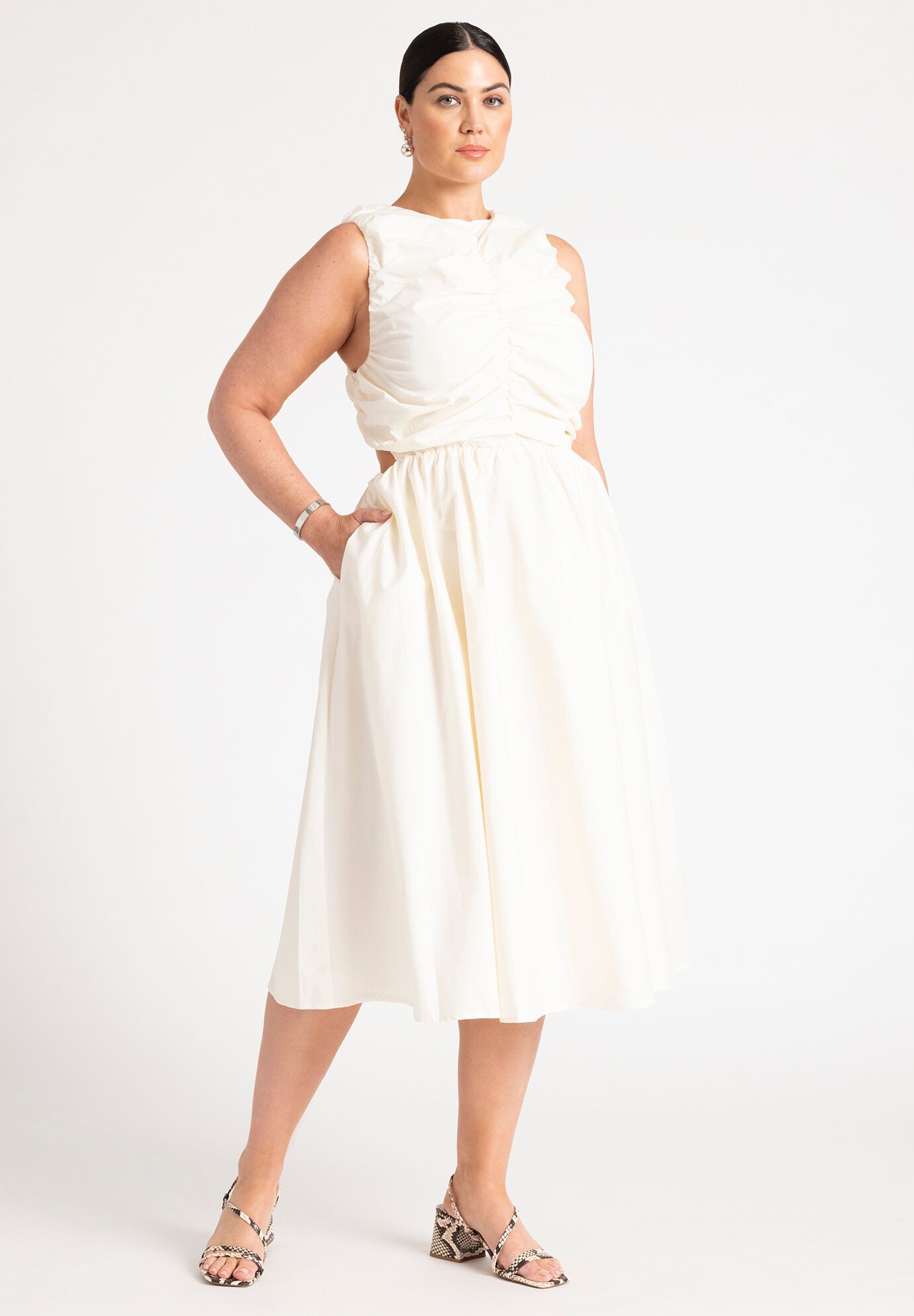 Sleeveless Shirred Pocketed Cutout Dress With Pearls by Eloquii