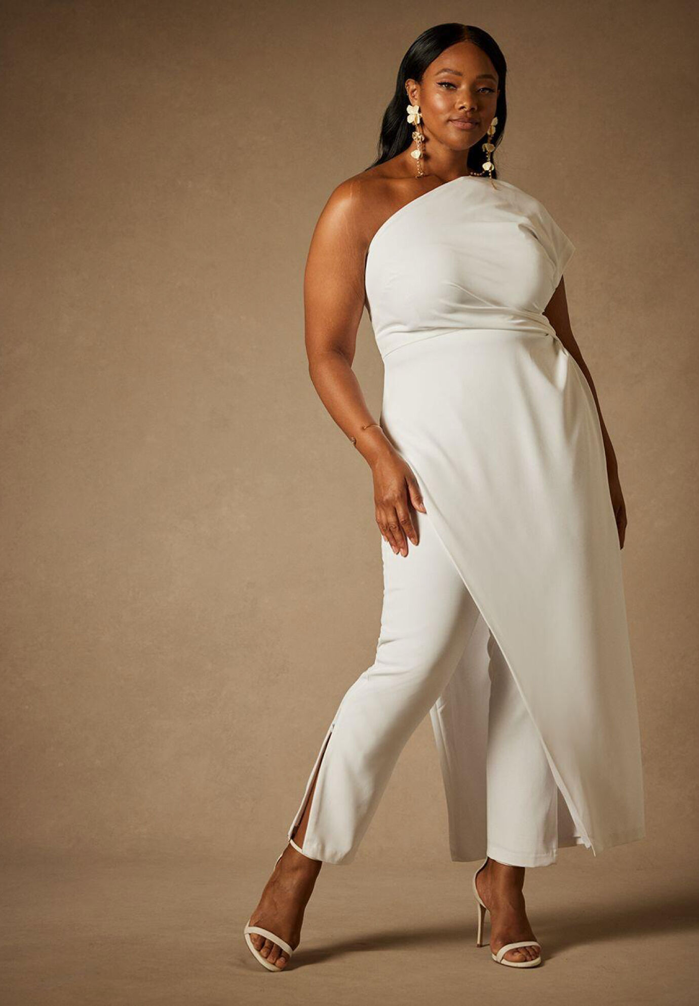 Tall Plus Size One Shoulder Asymmetric Slit Draped Fitted Side Zipper Crepe Wedding Dress/Tunic