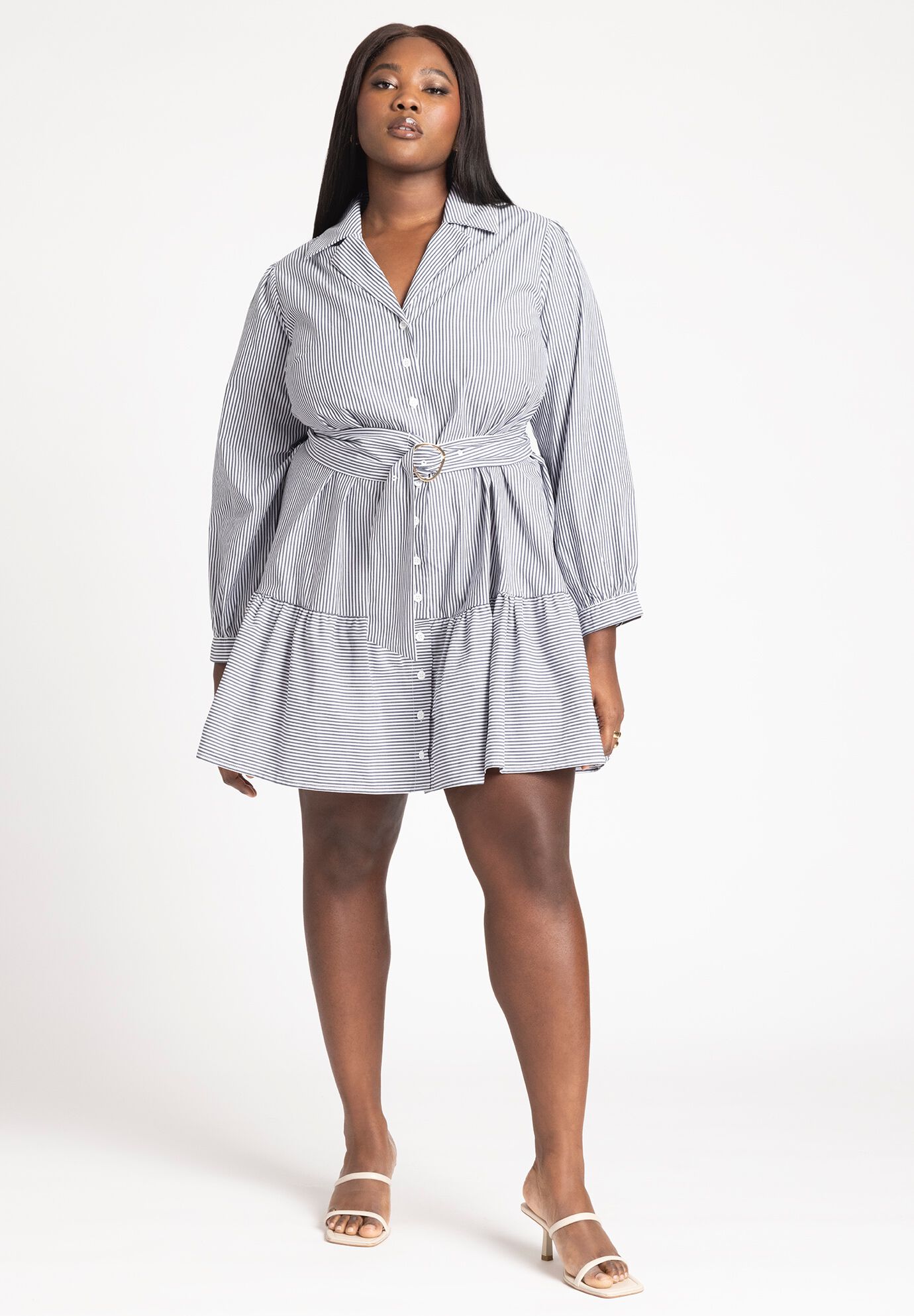 Plus Size Short Belted Puff Sleeves Sleeves Dropped Shoulder Striped Print Shirt Dress