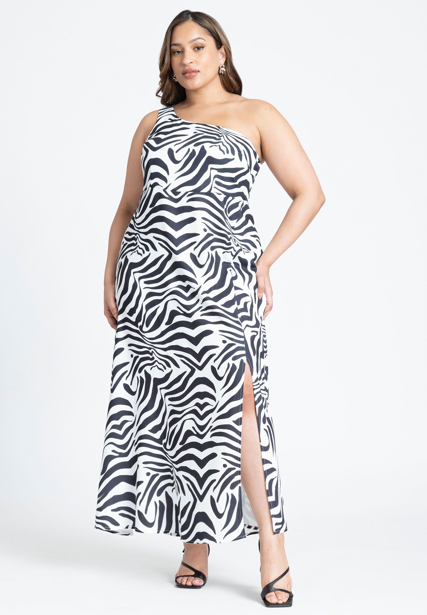 Plus Size Slit Back Zipper Flowy Animal Zebra Print One Shoulder Maxi Dress