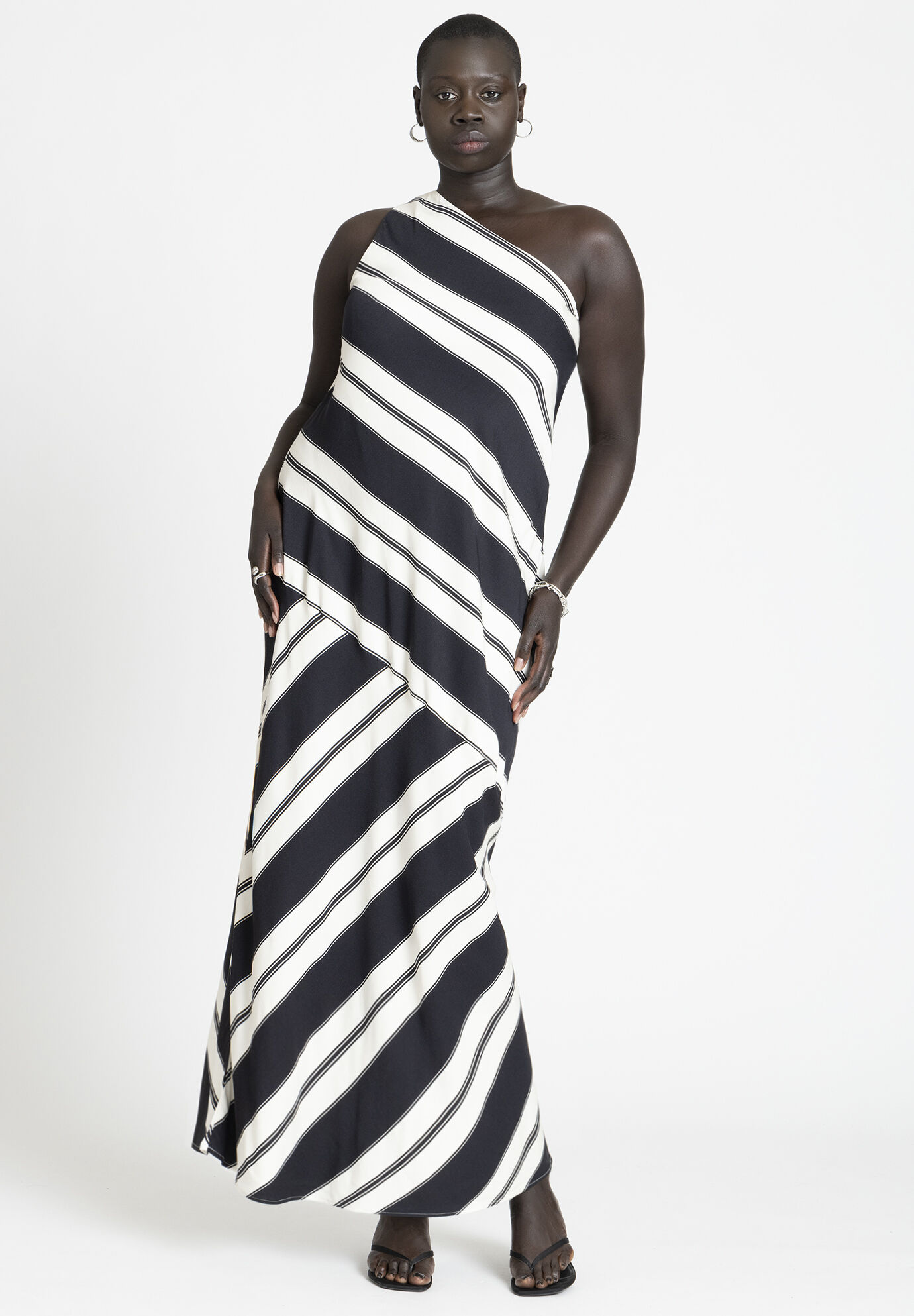 Plus Size Striped Print One Shoulder Asymmetric Maxi Dress