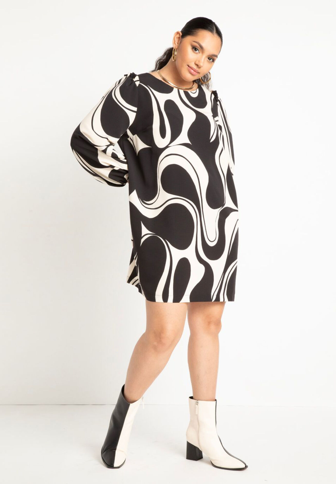 Plus Size Puff Sleeves Sleeves Button Closure Dress With Ruffles
