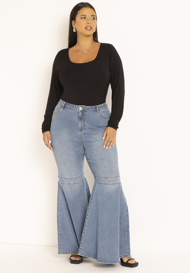 Women Black Keyhole Top With Bell Bottom Pants