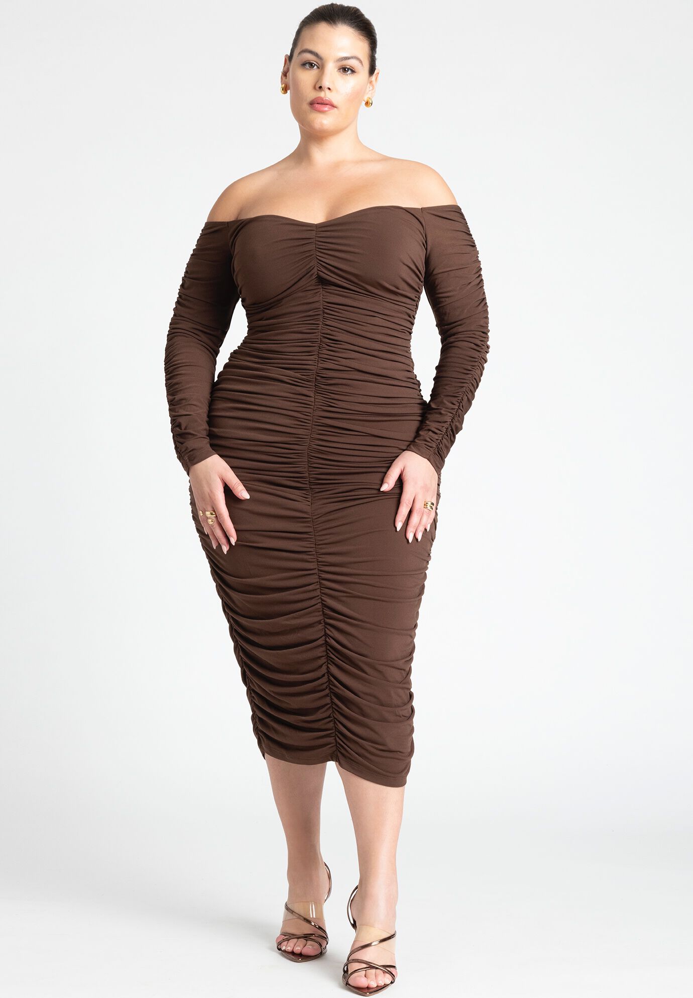Plus Size Fitted Back Zipper Ruched Shirred Raglan Sleeves Off the Shoulder Sweetheart Midi Dress