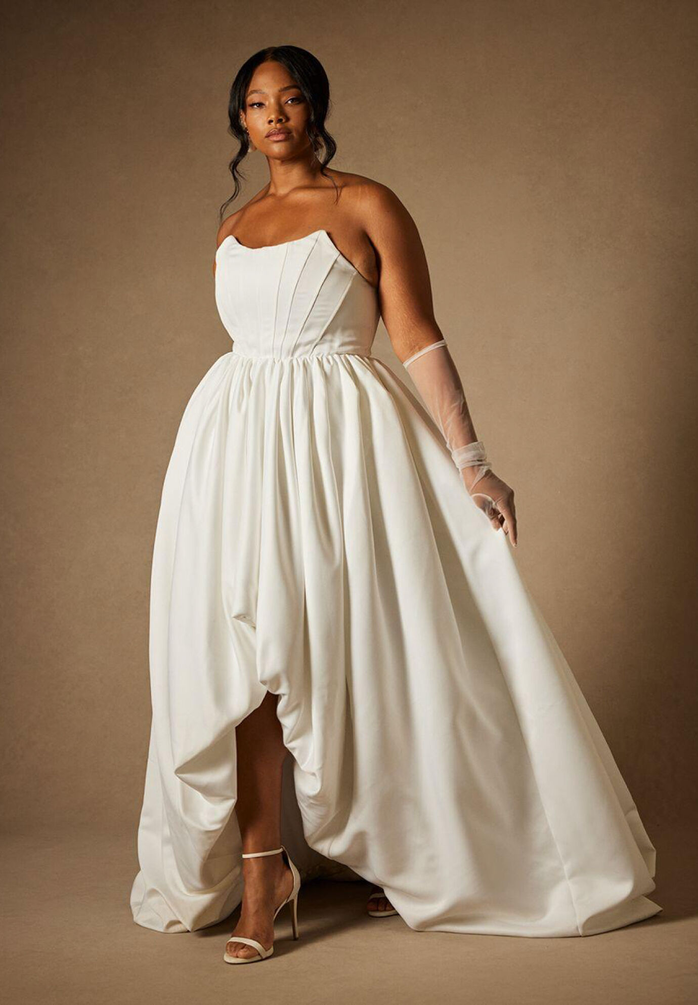 Plus Size Strapless Satin High-Low-Hem Pocketed Back Zipper Mesh Pleated Gathered Fitted Corset Waistline Bubble Dress Wedding Dress