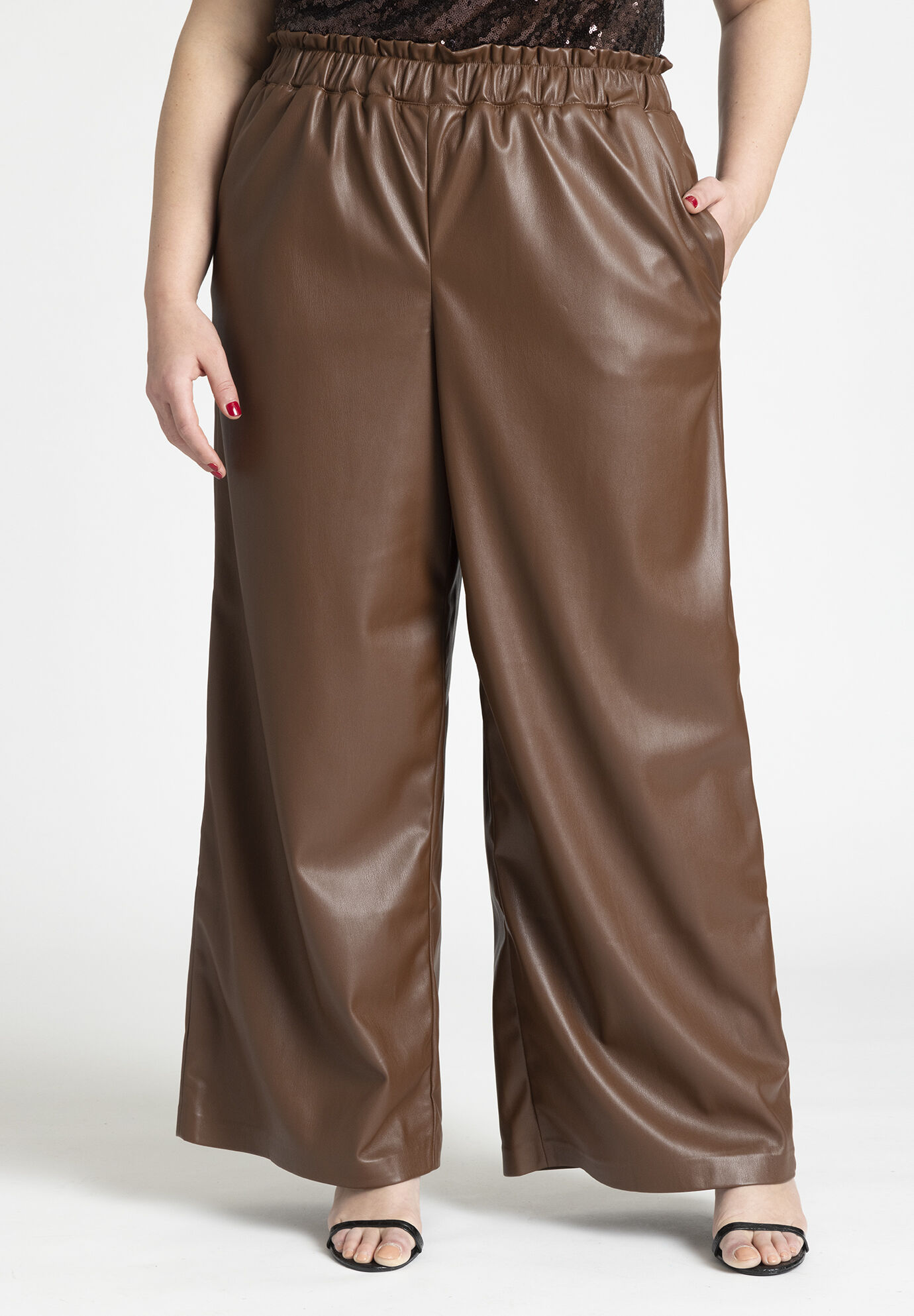 TE-QUIERO HIGH RISE VEGAN LEATHER WIDE LEG PANT WITH 4 WAY STRETCH