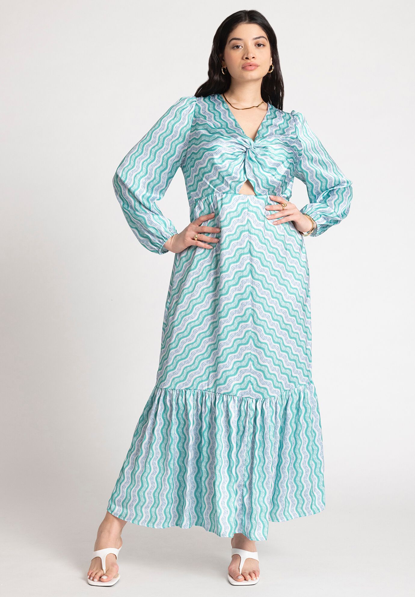 Plus Size Back Zipper Polyester Long Puff Sleeves Sleeves Striped Print Maxi Dress