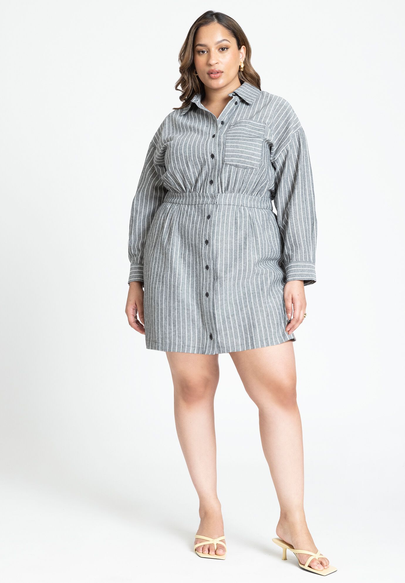 Plus Size Darts Back Yoke Pocketed Elasticized Waistline Above the Knee Striped Print Long Sleeves Dropped Shoulder Collared Romper