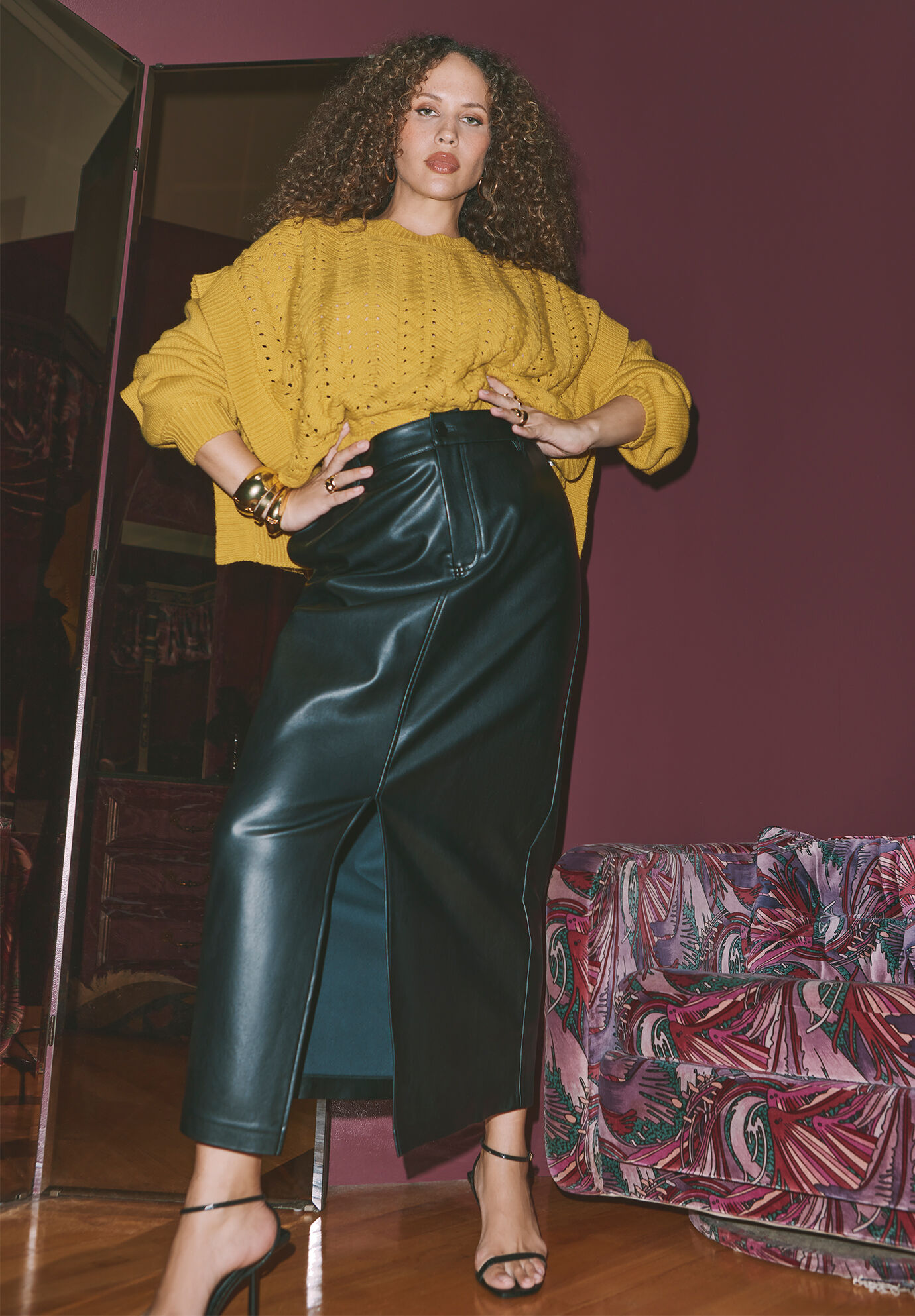 Faux Leather Column Skirt With Slit