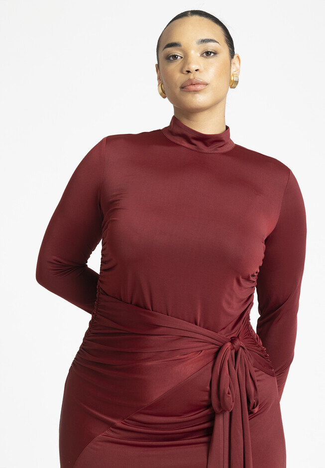 Express Cocktail & Party,Work,Date Night Bodycon Mock Neck Ruched  Asymmetrical Midi Dress