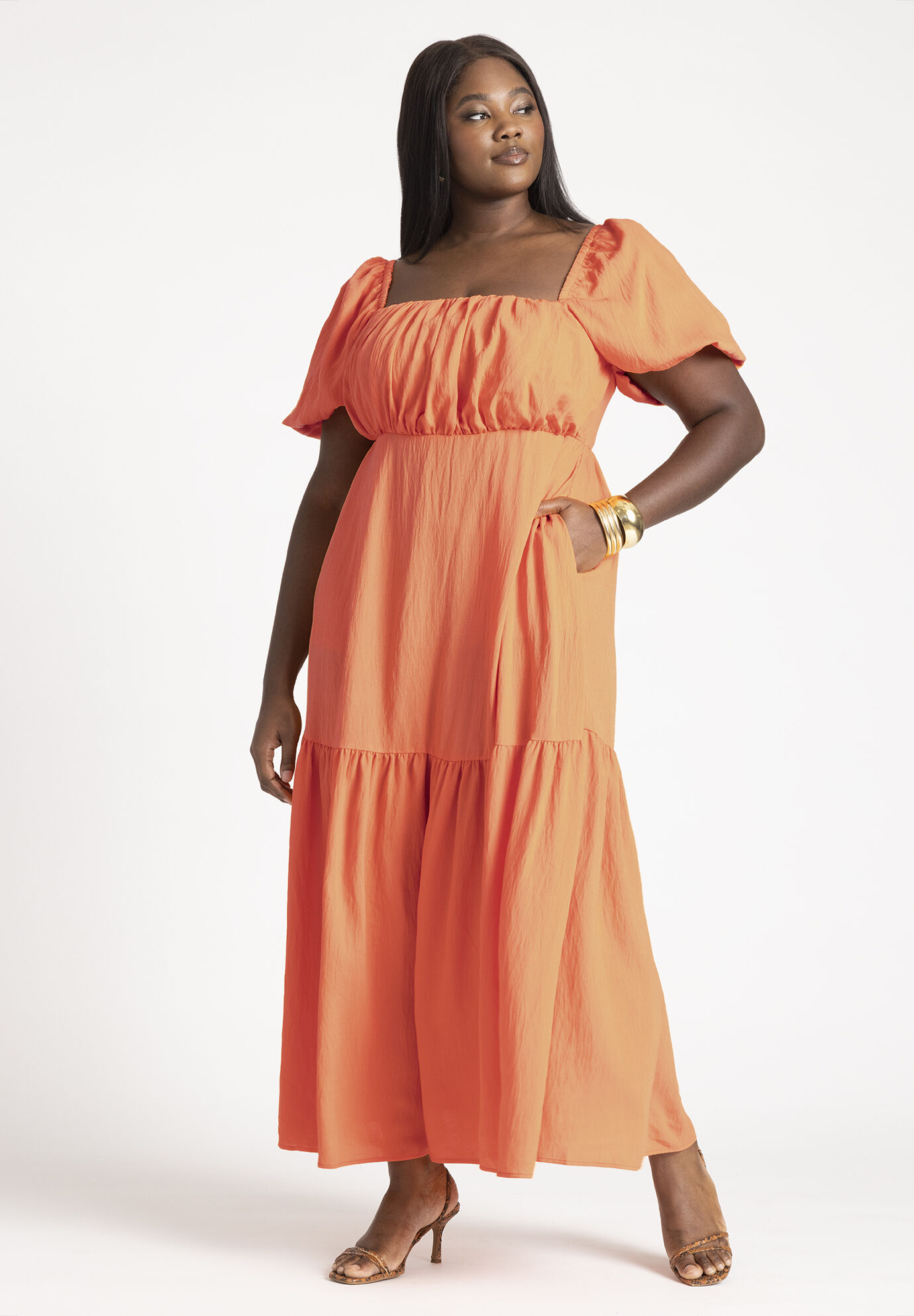 Plus Size Smocked Puff Sleeves Sleeves Pocketed Tiered Maxi Dress