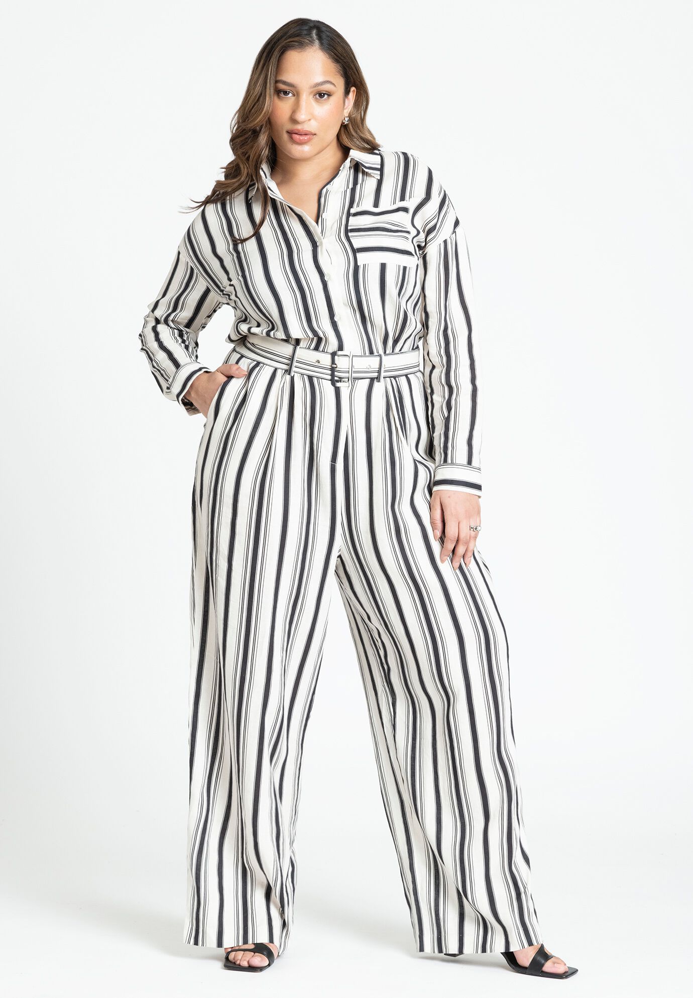 Plus Size Long Sleeves Dropped Shoulder Collared Striped Print Pocketed Pleated Belted Floor Length Jumpsuit