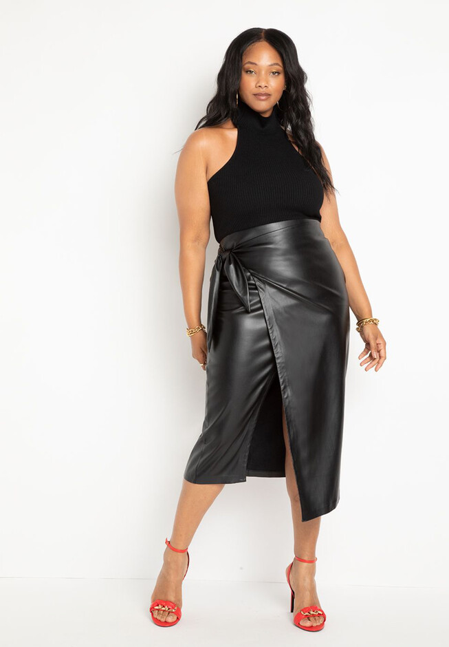 Wrap Front Faux Leather Midi Skirt