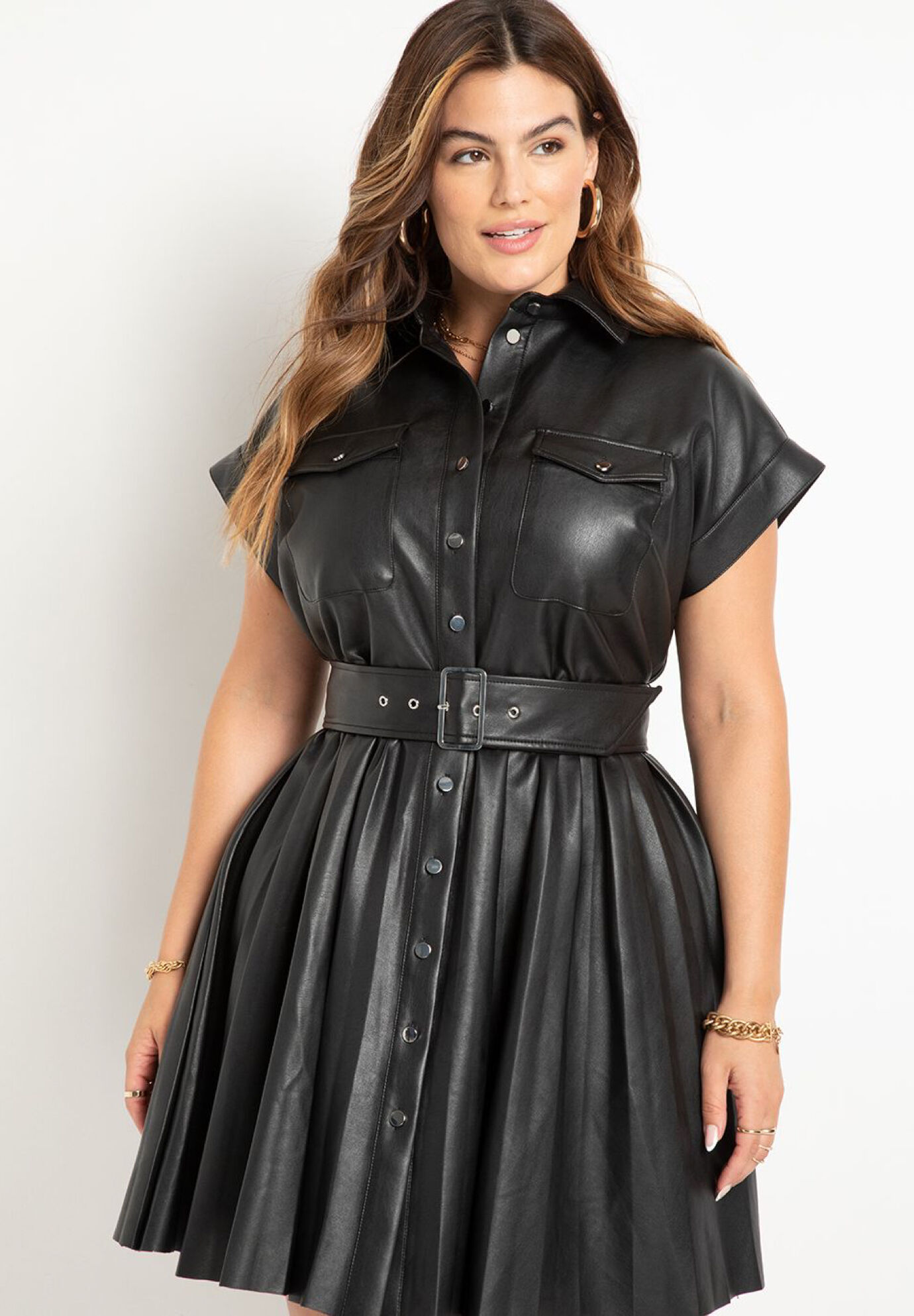 Faux Leather Dress With Pleated Skirt | Eloquii