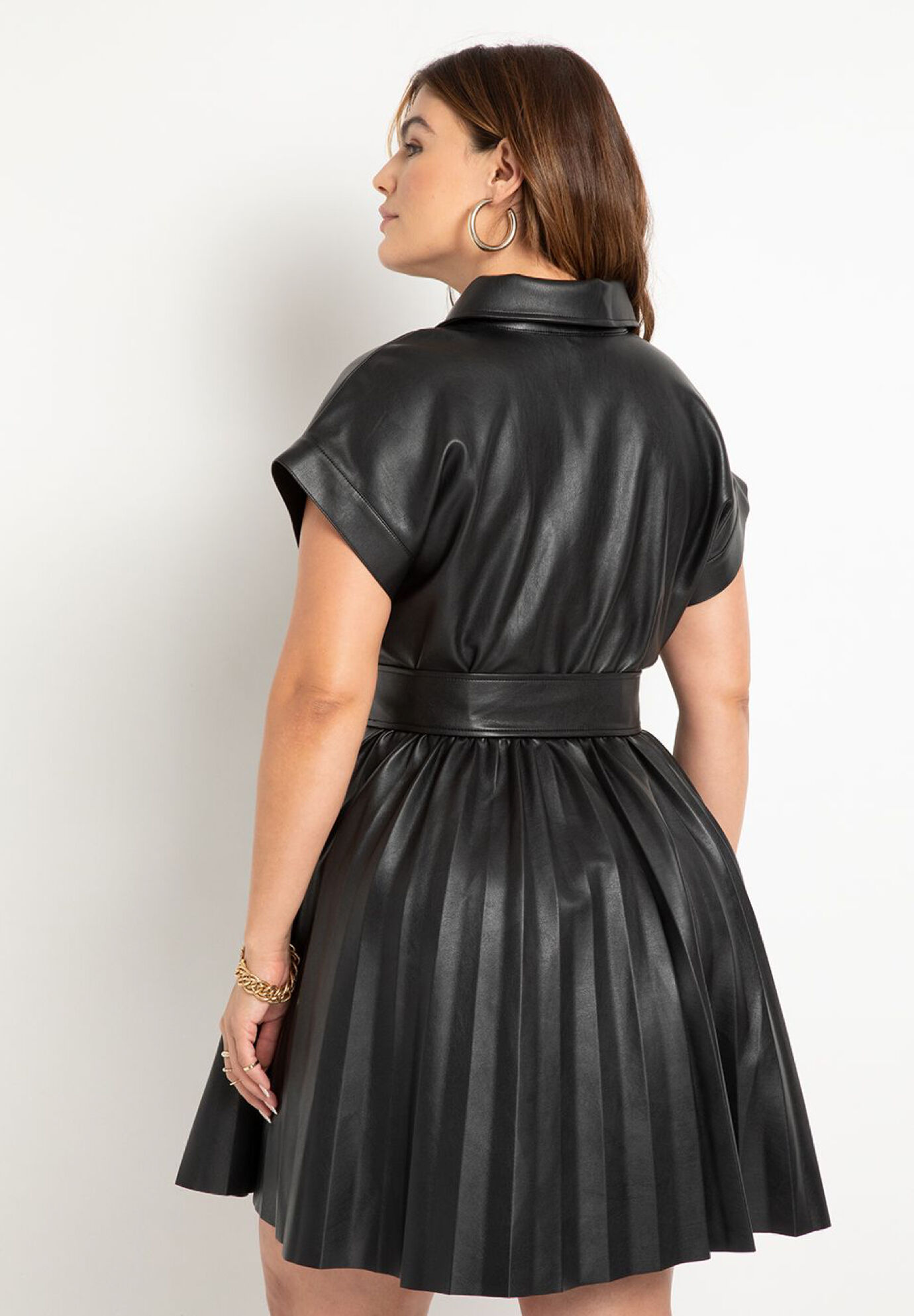 Faux Leather Dress With Pleated Skirt
