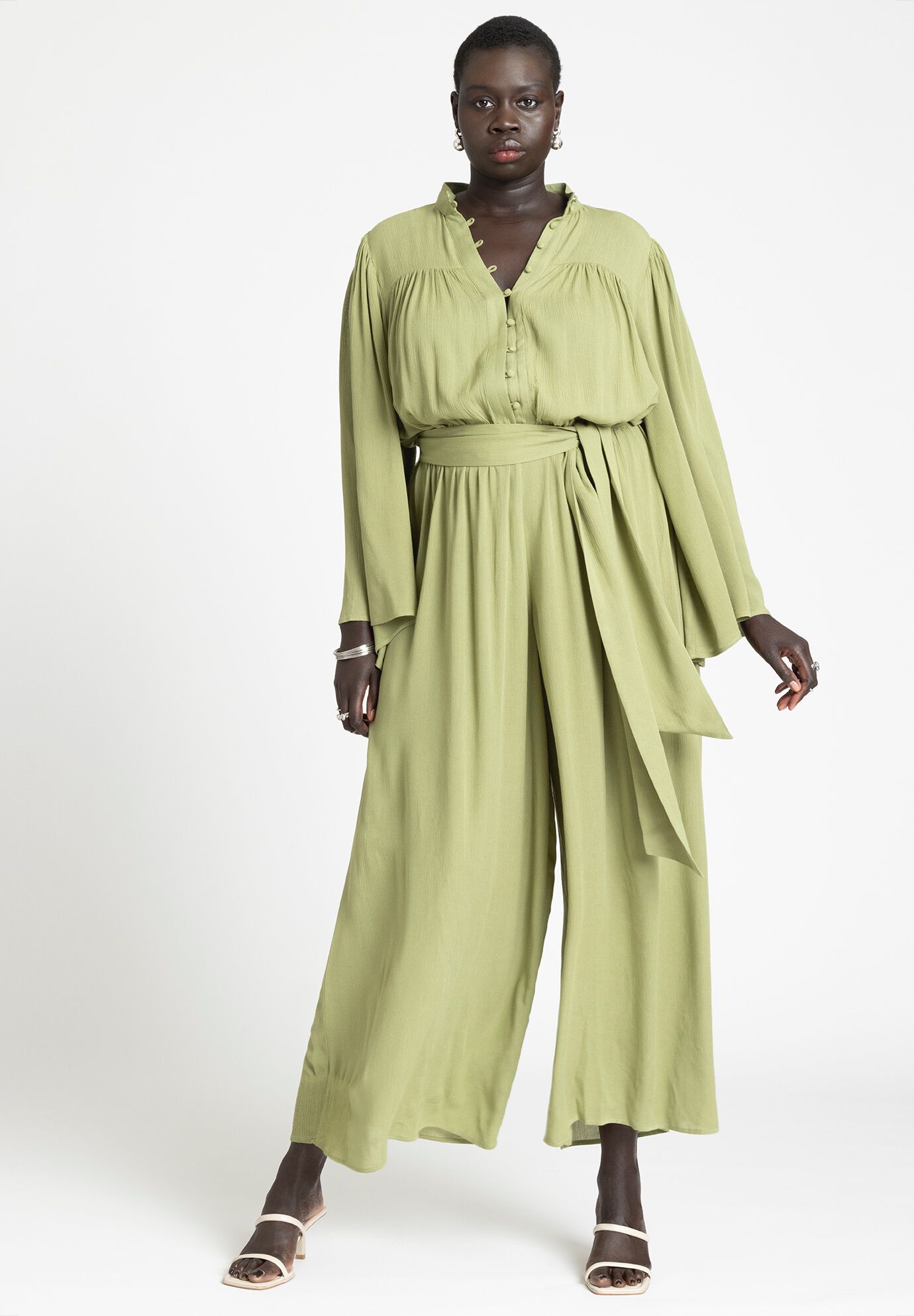 Plus Size Mock Neck Belted Flowy Rayon Floor Length Cover Up/Jumpsuit