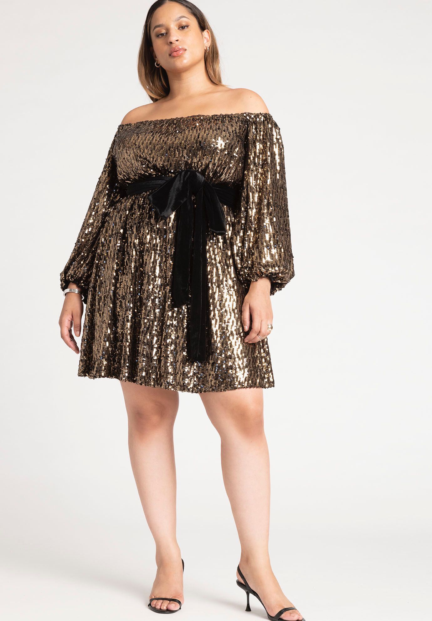 Plus Size Bishop Sleeves Off the Shoulder Short Sequined Fit-and-Flare Dress With a Bow(s)