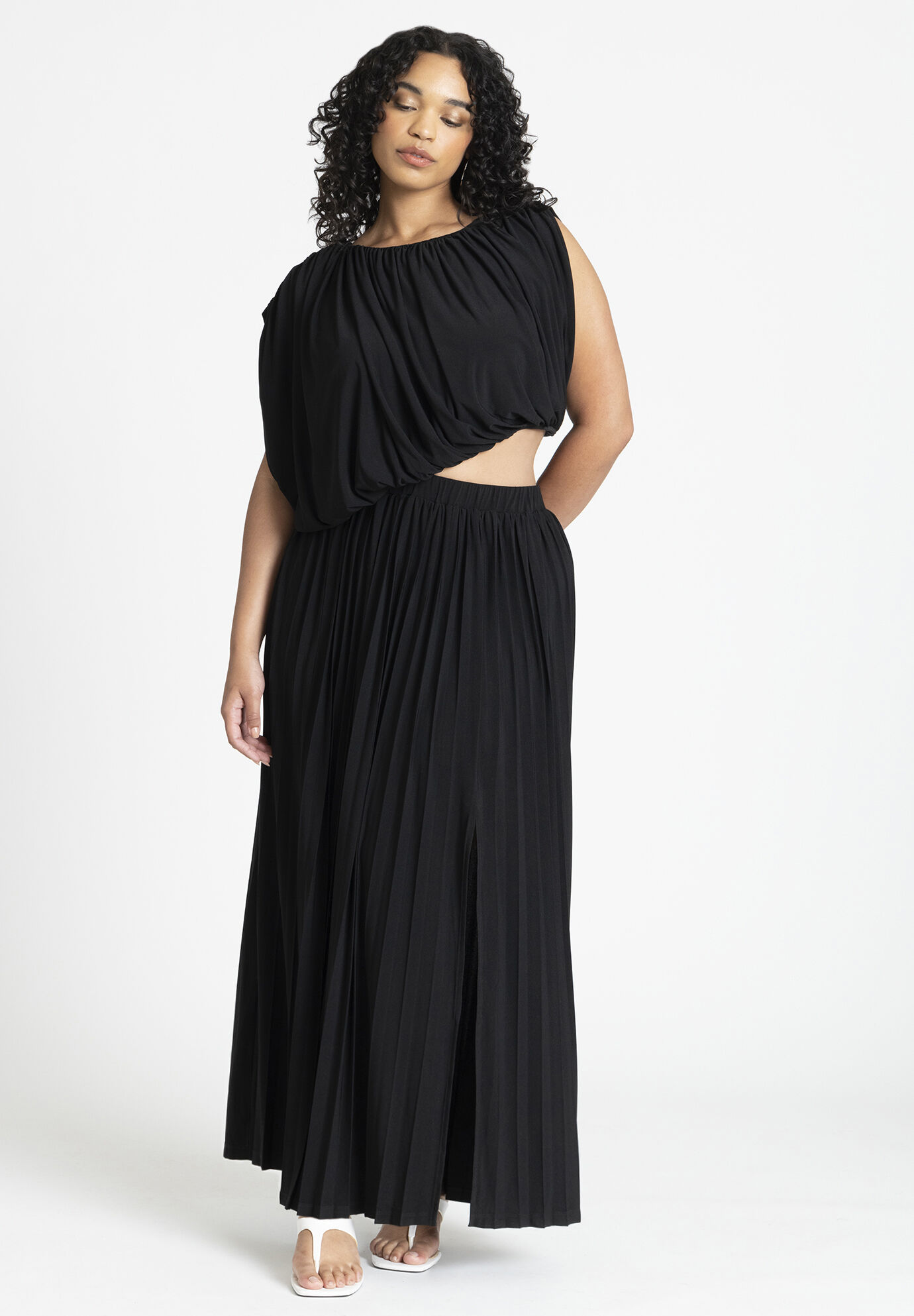 Plus Size Dolman Sleeves Tank Crew Neck Cutout Shirred Draped Fitted Asymmetric Pleated Maxi Dress