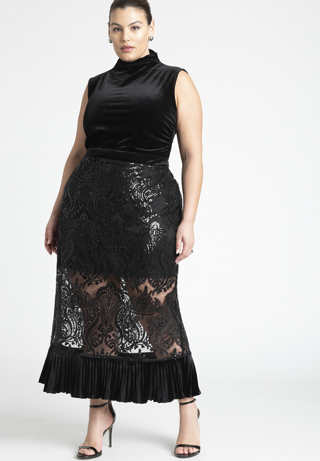 Tea Length Embellished Lace Sequin Skirt | Eloquii