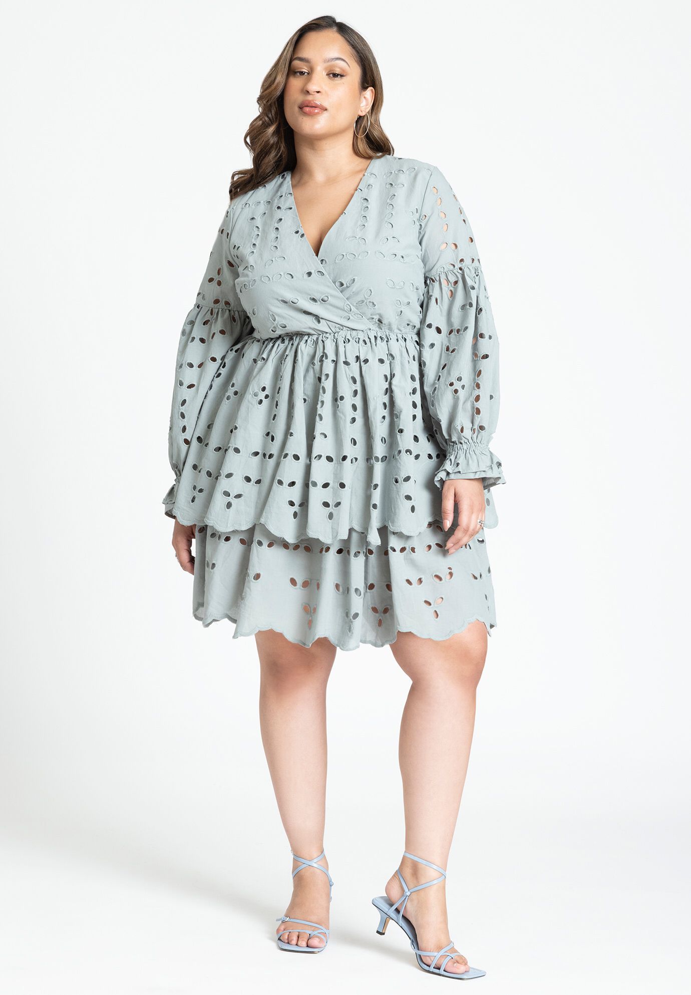 Plus Size V-neck Puff Sleeves Sleeves Tiered Short Cotton Dress