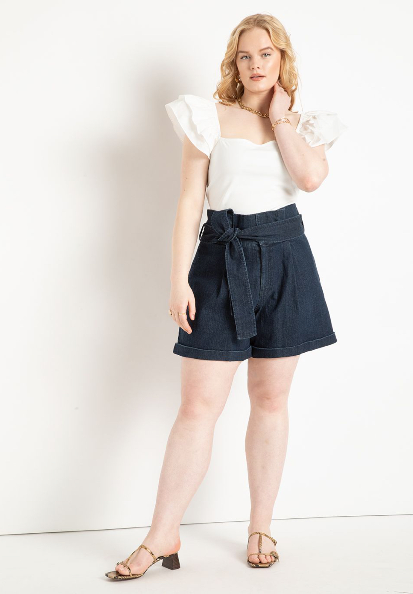 Plus Belted Paper Bag Denim Shorts